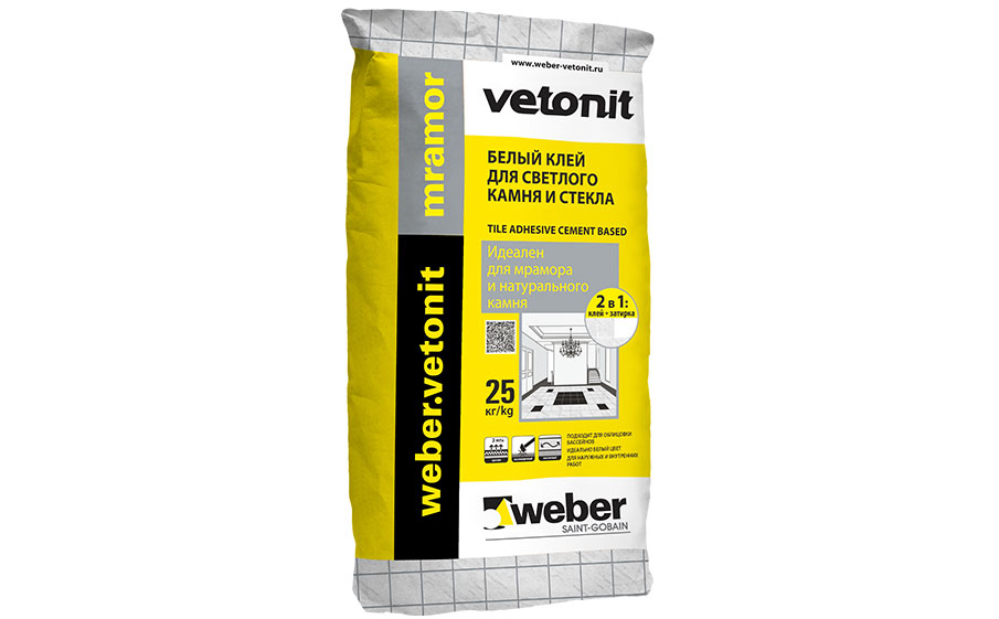 Плиточный цементный клей усиленный weber.vetonit mramor, белый, 25 кг