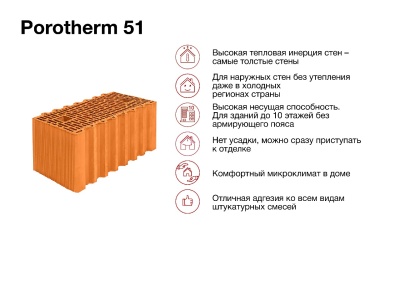 Блок керамический поризованный Porotherm 51 М100 14,3 NF